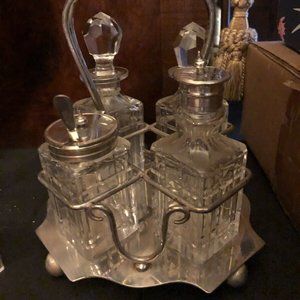 E & J LEEK SILVER CRUET HOLDER HALLMARKS CUT ENGLISH GLASS DECANTERS COLLECTORS